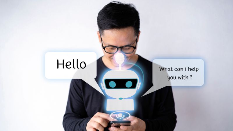 man being introduced to ai robot in his snapchat