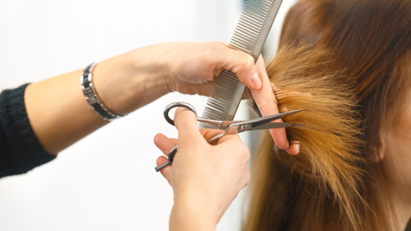 hair stylist cutting the hair of a woman