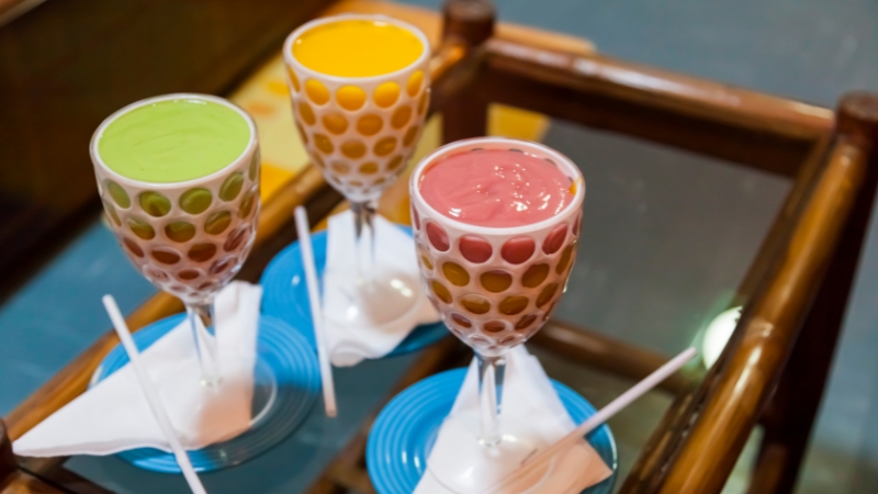 showing three types of drinks in 3 glasses